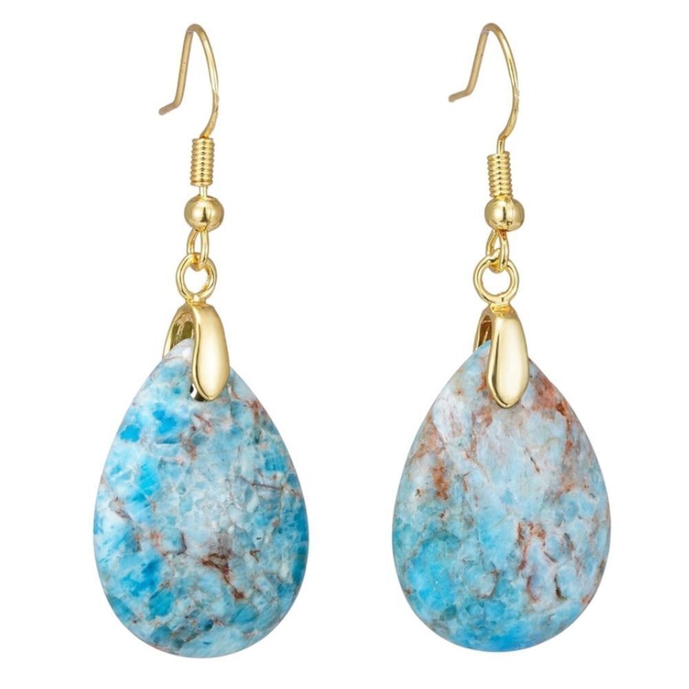 18K Yellow Gold with Natural Blue Apatite Stone French Wire Drop Hook Earrings